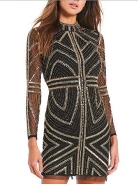 Gianni Bini Black Beaded Bodycon Cocktail Dress Sheer Long Sleeve Size Small